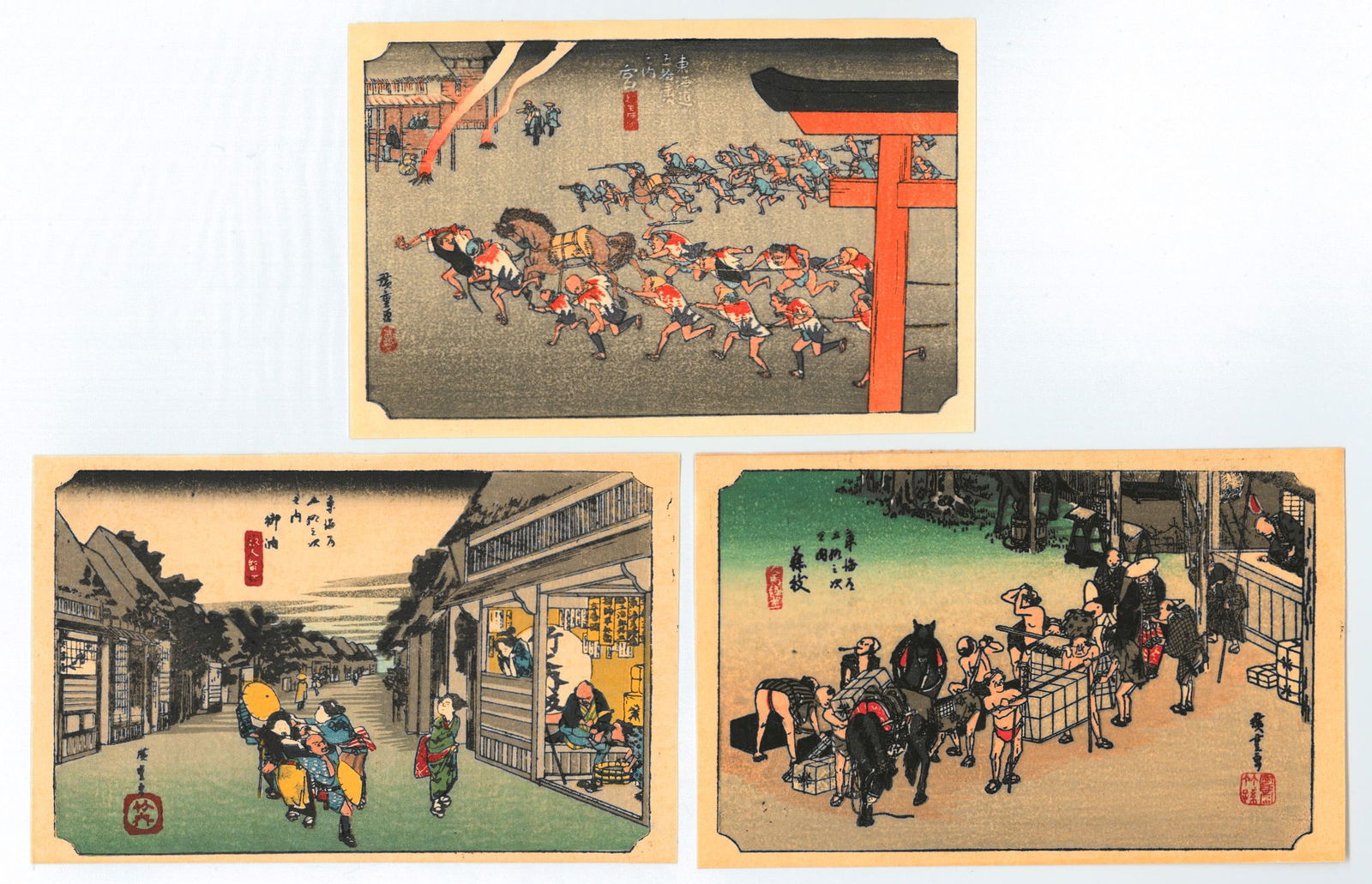 Ando Hiroshige 3 Japanese Woodblock Prints: Artist: Utagawa Ando Hiroshige. Series: The Fifty-Three Stations of the Tokaido Road. Medium: Authentic woodblock reproduction from recarved block. Format: Horizontal. Paper Type: Washi. Size: Each Sh