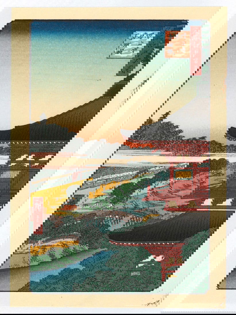 Ando Hiroshige : Zojoji Temple Woodblock Print: Artist: Ando Hiroshige. Title: "Zojoji Temple" Series: One Hundred Famous Views of Edo. Medium: Woodblock Print. Format: Vertical. Paper Type: Washi. Size: (6x4.1/2in) Place of Origin: Japan. Circa: S