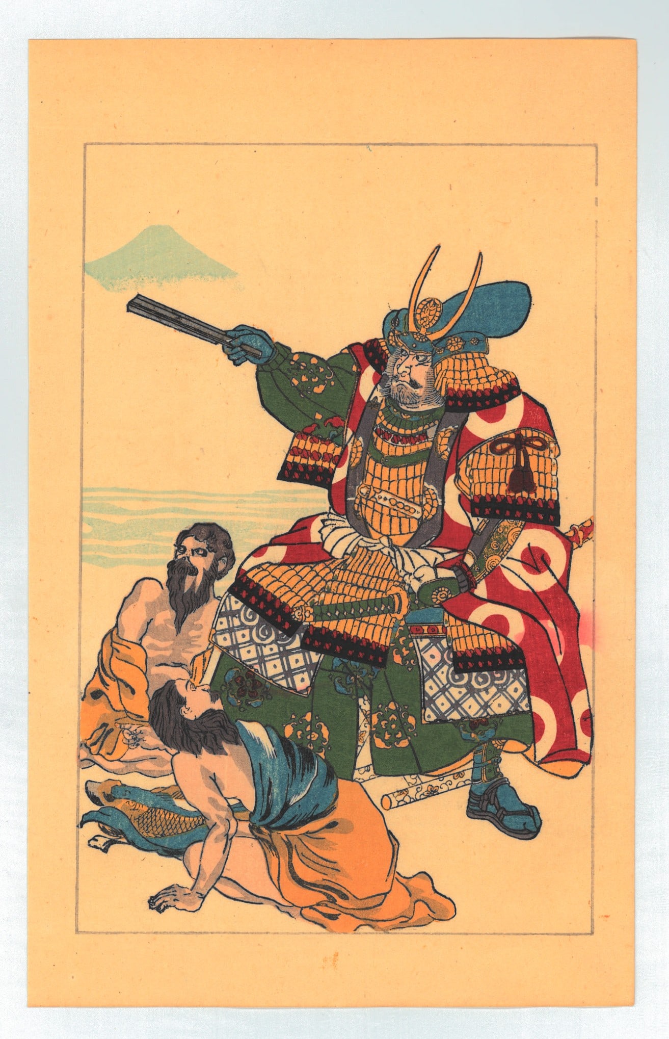 Utagawa Kuniyoshi : Fifty Heros of Japan Historical Character Kato Kiyomasa: Artist: Utagawa Kuniyoshi (1797-1861). Title: "Fujiwara no Masakiyo in full armor seated on a camp-stool on the shore in Korea, with two Koreans at his feet" Date: Circa, 1917-1920 Taisho Period. Medi