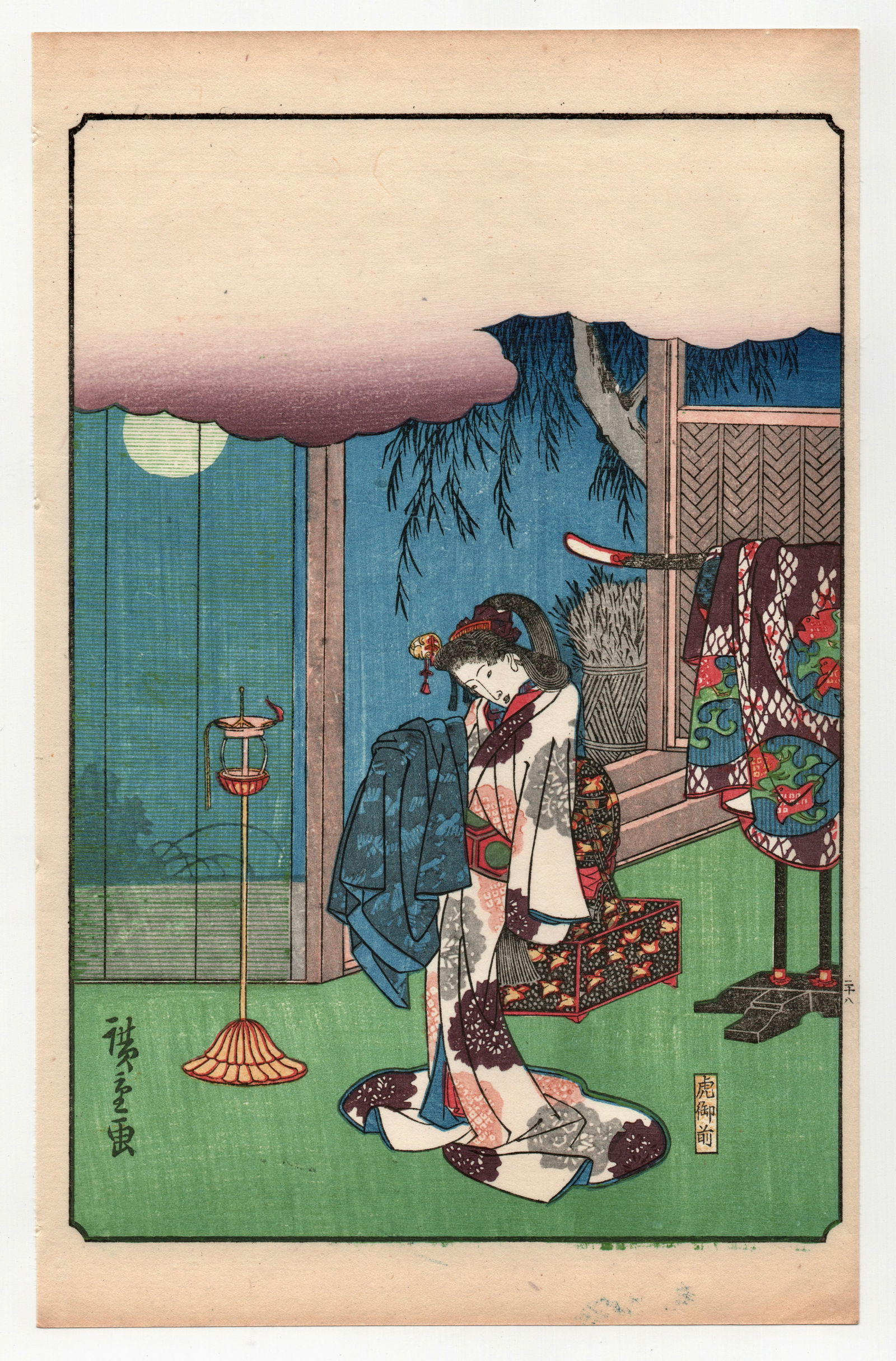 Tale of the Soga Brothers : Antique Japanese Woodblock Print by Ando Hiroshige: After, Ando Hiroshige. Title: "Tora Gozen Holding Sukenaris Kimono" Medium: Woodblock. Place of Origin: Japan. Size: (9.5x6in). Format: Vertical. Paper Type: Mulberry. Date: 1917, Tashio period.