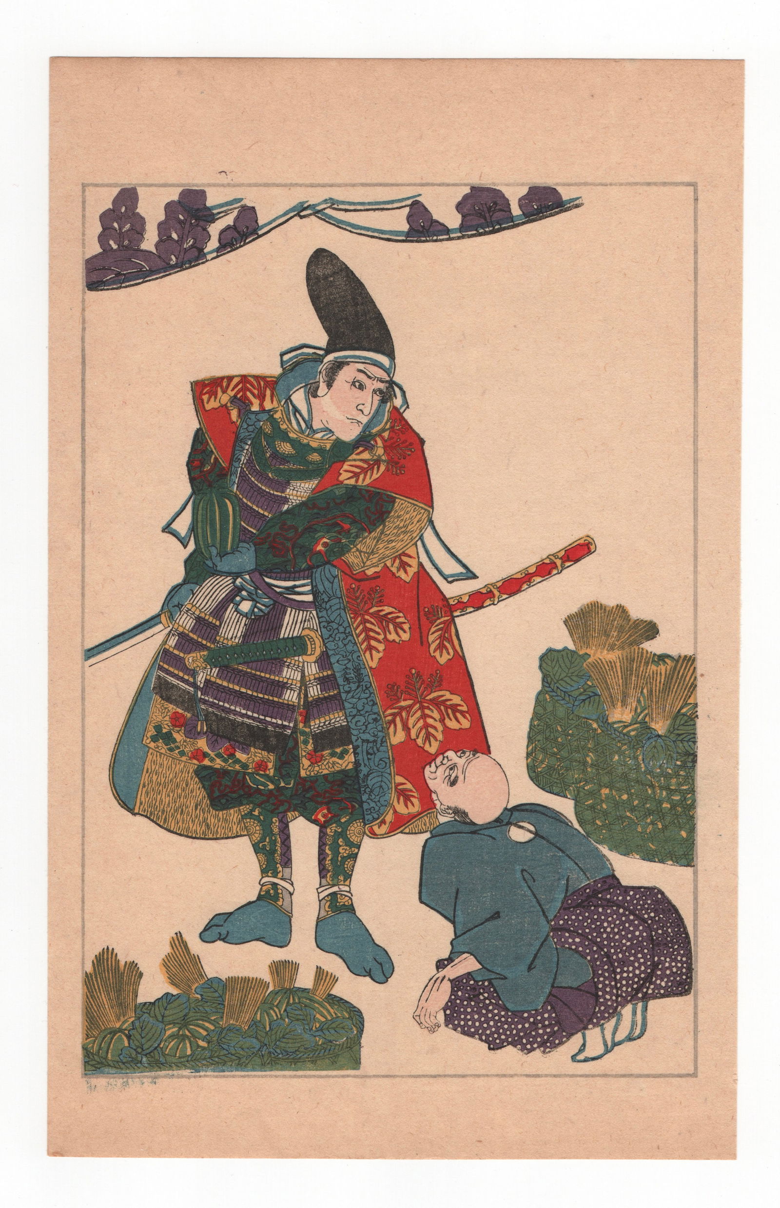Utagawa Kuniyoshi : Fifty Heros of Japan Historical Character Toyotomi Hideyoshi: After, Utagawa Kuniyoshi. Title: "Naka-ura Sarukichirô Hisayoshi accepting a melon from a kneeling peasant" Date: 1917 Taisho period. Medium: Woodblock. Size: (9.1/2x6in). Paper Type: Mulberry. Sourc