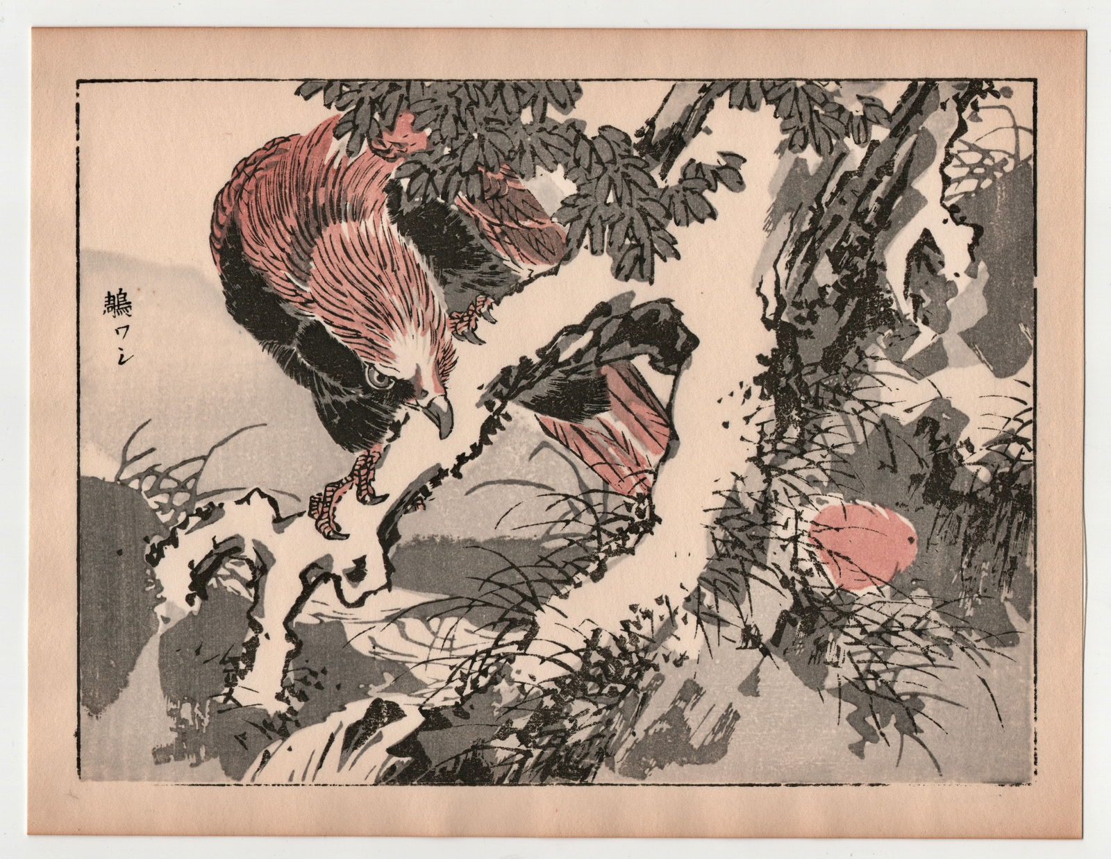 Kono Bairei : Black Hawk: After, Kono Bairei. Title: "Black Hawk" Medium: Woodblock. Place of Origin: Japan. Date: 1950-1970, Showa period. Size: (9.1/4x7.1/4in). Publisher: Yamada. Paper Type: Mulberry.