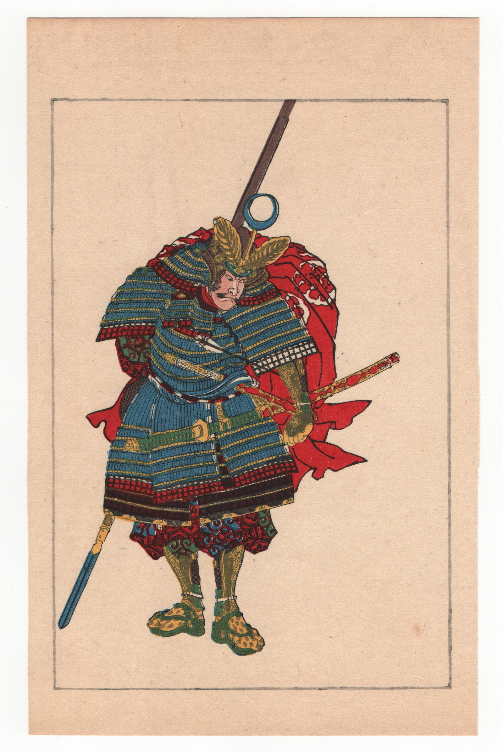 Utagawa Kuniyoshi : Fifty Heros of Japan Historical Character Morimoto Gidayu Hidetora: After, Utagawa Kuniyoshi. Title: "Horimoto Gigayu Takatoshi standing in full armor holding his spear" Date: 1917 Taisho period. Medium: Woodblock. Size: (9.1/2x6in). Place of Origin: Japan. Paper Type