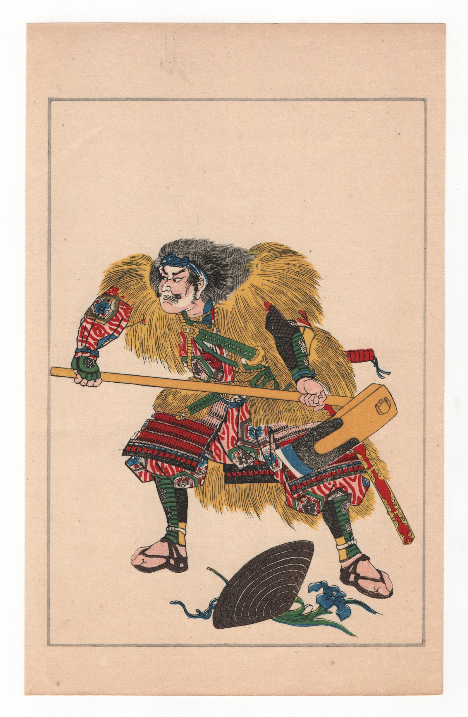 Utagawa Kuniyoshi : Fifty Heros of Japan Historical Character: Akashi Gidayu Tadam: After, Utagawa Kuniyoshi. Title: "Akashi Ridayu Hidemoto, with a straw raincoat over his armor, and armed with a hoe" Date: 1917, Taisho period. Medium: Woodblock. Size: (9.1/2x6in). Paper Type: Mulbe