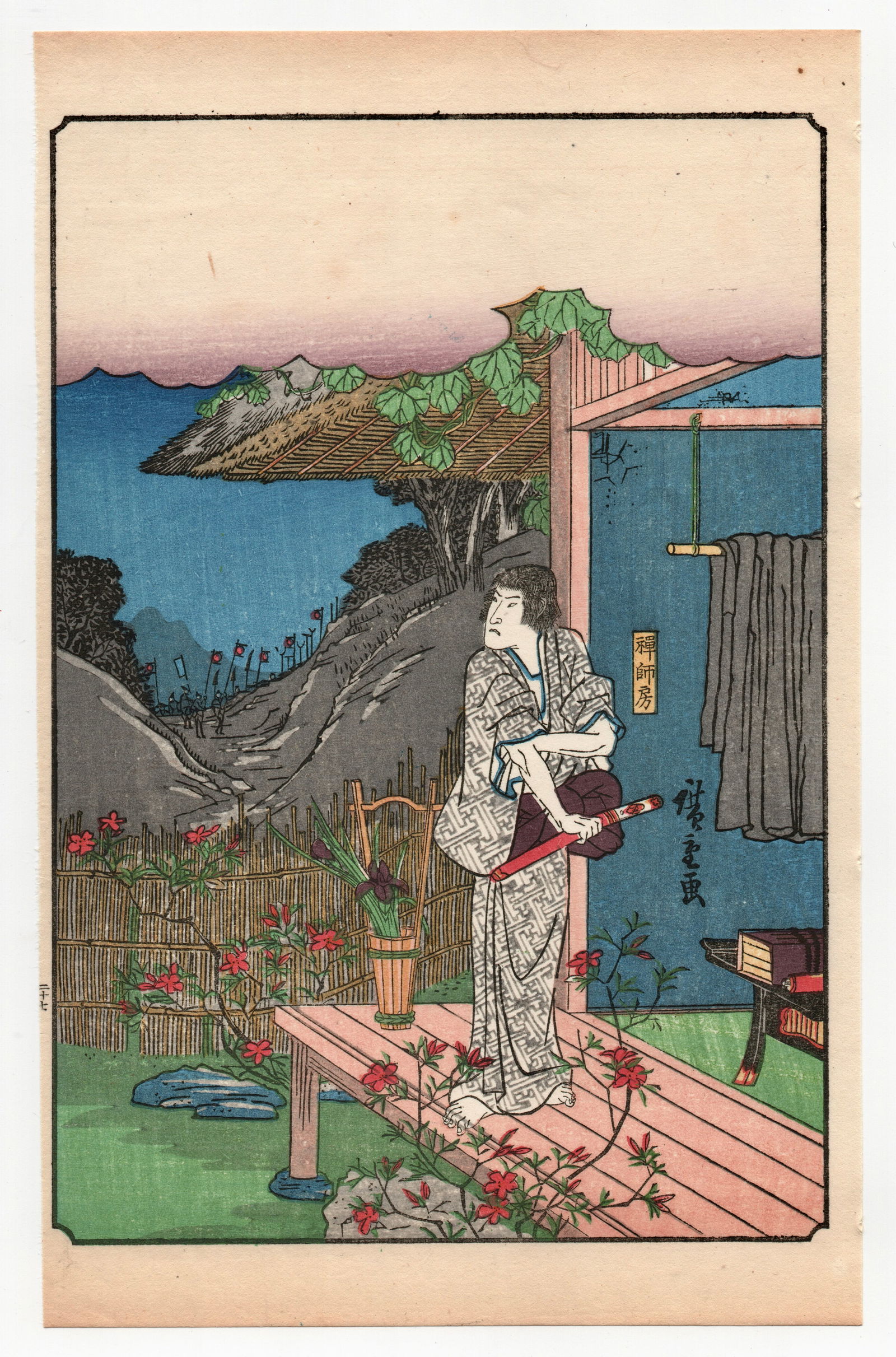 Ando Hiroshige : Tale of the Soga Brothers Antique Japanese Woodblock Print: After, Ando Hiroshige. Title: "Zenjibo Sogao Youngest Brother Trying to Commit Suicide" Medium: Woodblock. Place of Origin: Japan. Size: (9.5x6in). Format: Vertical. Paper Type: Washi rice paper. Date
