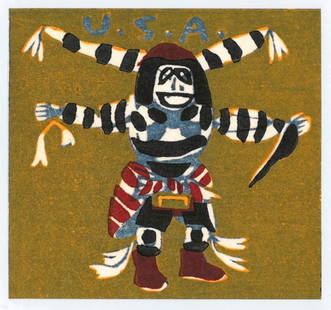 Sekino Junichiro : USA toy: Artist: Junichiro Sekino, Title: "USA Toy" Medium: Woodblock Size: (4.1/2x4in) Place of Origin: Japan. Paper Type: Washi rice paper. Date: 1978. Gaiyu Miyage, Limited Edition Woodblock.