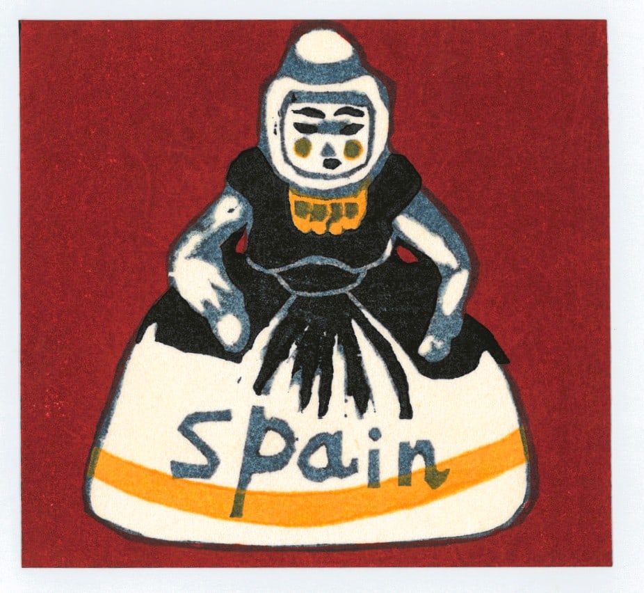 Sekino Junichiro : Spain Toy Figure: Artist: Sekino Junichiro. Title: "Spain Toy" Medium: Woodblock. Size: (4.1/2x4in). Place of Origin: Japan. Paper Type: Washi rice paper. Date: 1978.