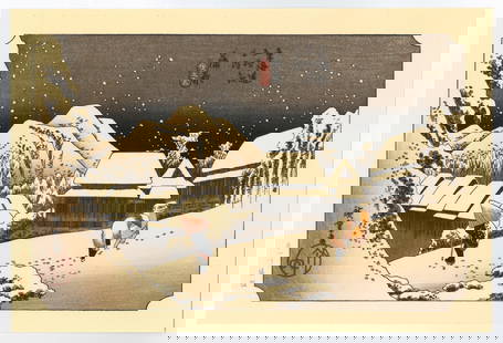 Ando Hiroshige : Night Snow: After, Ando Hiroshige. Title: "Night Snow" Size: (12.1/2x9in). Series: The Fifty-three Stations of the Tokaido Road. Paper Type: Washi rice paper. Medium: Woodblock. Format: Horizontal. Published by Y