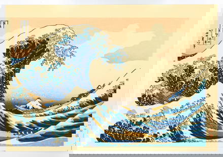 Katsushika Hokusai: The Great Wave Woodblock Print: After, Katsushika Hokusai. Title: "The Great Wave" Medium: Woodblock. Size: (12.1/2x9). Series: Thirty-Six Views of Mt. Fuji. Format: Horizontal. Paper Type: Washi rice paper. Date: 1970, Showa period