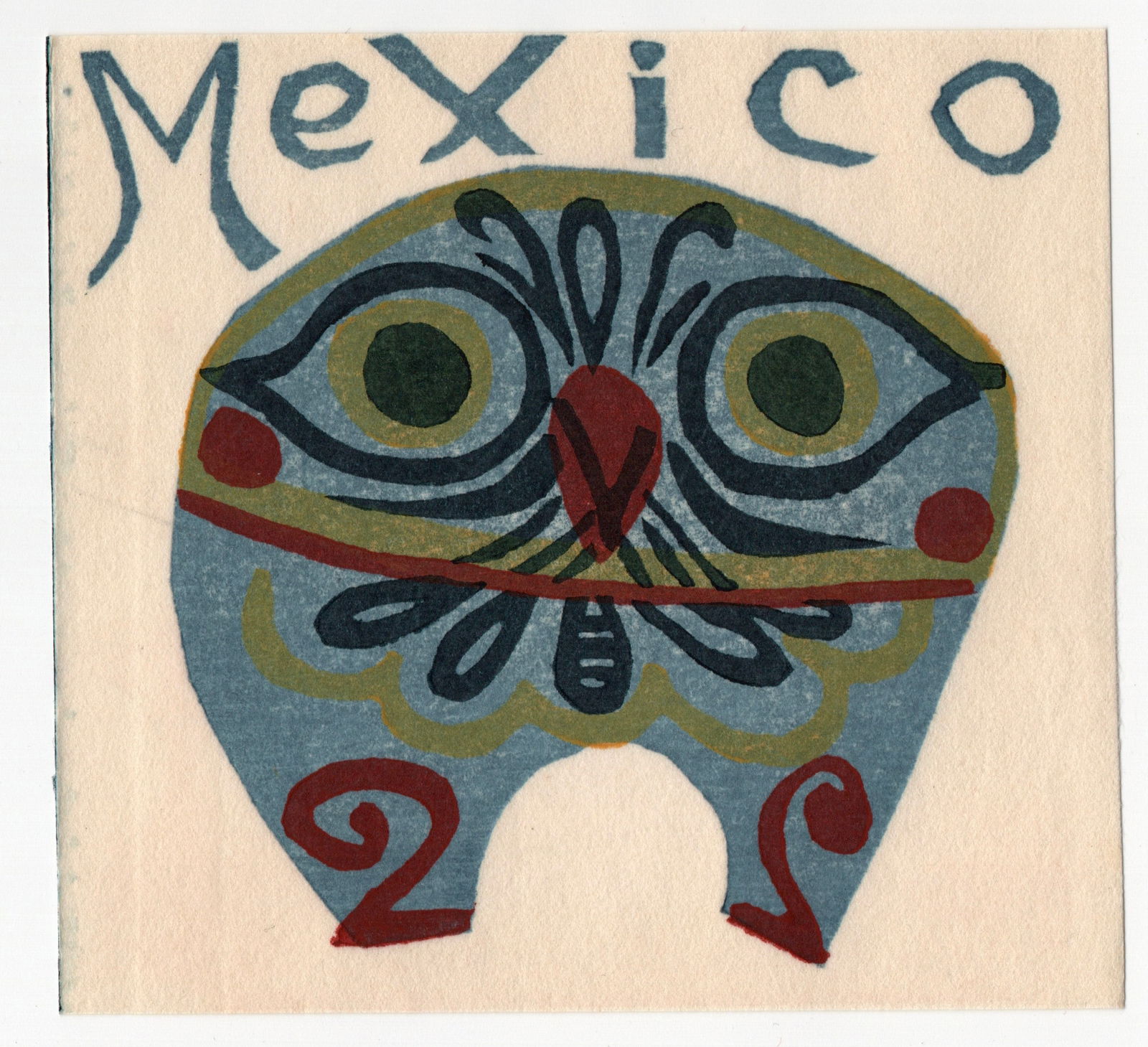 Sekino Junichiro : Mexico Toy Figure: Artist: Junichiro Sekino. Title: "Mexico” Medium: Woodblock. Size: (4.1/2x4in). Place of Origin: Japan. Paper Type: Washi rice paper. Date: 1978.