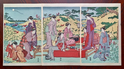 Katsukawa Shuncho : Mushi Kiki Triptych Japanese Woodblock