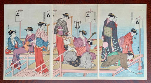 Kiyonaga Torii : Woodblock Triptych Evening at Shijo
