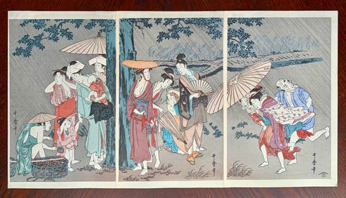 Kitagawa Utamaro : Shelter From Rain Triptych Woodblock
