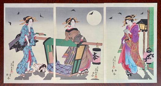 Keisai Eisen : Summer Night Lamp at Akiba Triptych Woodblock