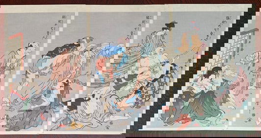 Kitagawa Utamaro : Seven Strange Men Blind Drunk Triptych Woodblock