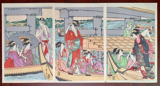 Utamaro Kitagawa : Woodblock Triptych Beneath the Ryogoku Bridge