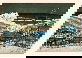 Sekino Junichiro : Sea of Japan at Ajigasawa Offset Lithograph: Artist: Sekino Junichiro (1914–1988). Title: "Sea of Japan at Ajigasawa" Date: 1978. Medium: Offset Lithograph Print. Size: (11.1/2x8in). Paper Type: Kanzaki. Publisher: Mainichi Shimbunsha. Editor: