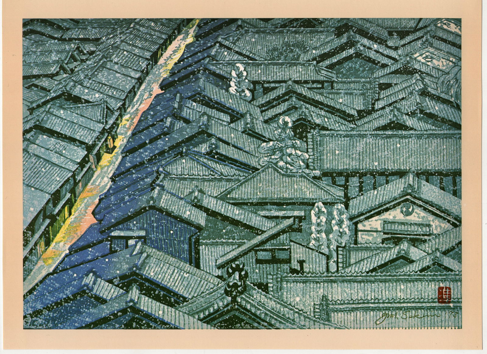 Sekino Junichiro : Snowscape at Nishijin in Kyoto Offset Lithograph: Artist: Sekino Junichiro (1914–1988). Title: "Snowscape at Nishijin in Kyoto" Date: 1978. Medium: Offset Lithograph Print. Size: (11.1/2x8in). Paper Type: Kanzaki. Publisher: Mainichi Shimbunsha. Ed