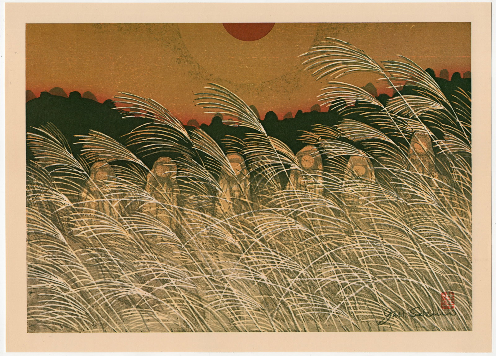 Sekino Junichiro : Stone Buddhist Images at Yamashina in Kyoto Offset Lithograph: Artist: Sekino Junichiro (1914–1988). Title: "Stone Buddhist Images at Yamashina in Kyoto" Date: 1978. Medium: Offset Lithograph Print. Size: (11.1/2x8in). Paper Type: Kanzaki. Publisher: Mainichi S