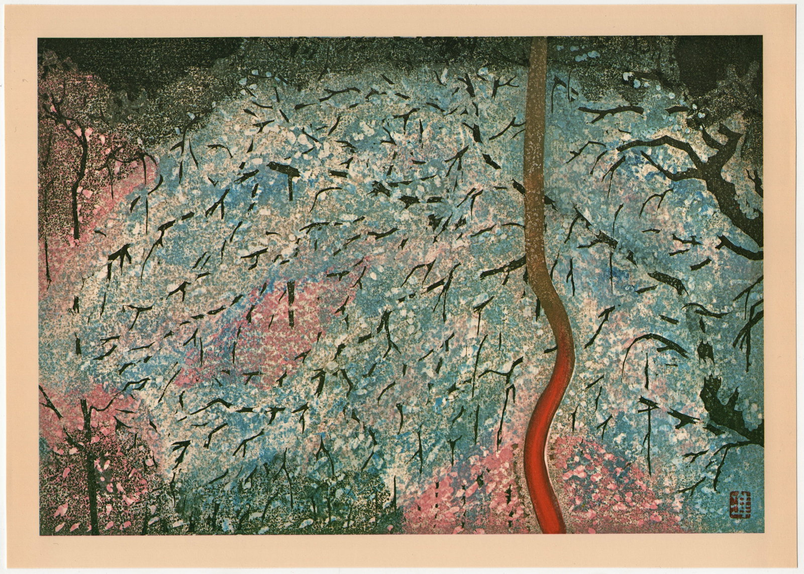 Sekino Junichiro : Cherry Trees in the Evening in Kyoto Offset Lithograph: Artist: Sekino Junichiro (1914–1988). Title: "Cherry Trees in the Evening in Kyoto" Date: 1978. Medium: Offset Lithograph Print. Size: (11.1/2x8in). Paper Type: Kanzaki. Publisher: Mainichi Shimbuns