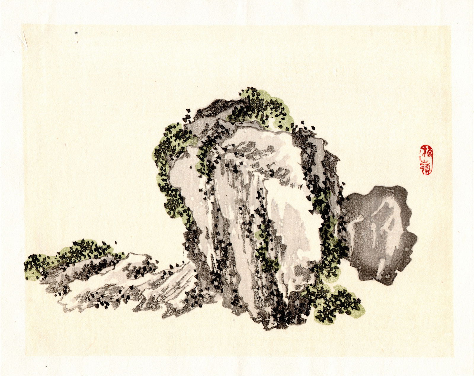 Kono Bairei : Rock Formation with Vegetation Woodblock: Artist: Kono Bairei (1884-1895). Title: "Rock Formation with Vegetation" Format: Horizontal, unframed never mounted book plate illustration from the multi-volume Bairei Gakan series. Medium: Woodblock