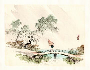 Kono Bairei : Solitary Figure Crossing Bridge in Rain Woodblock