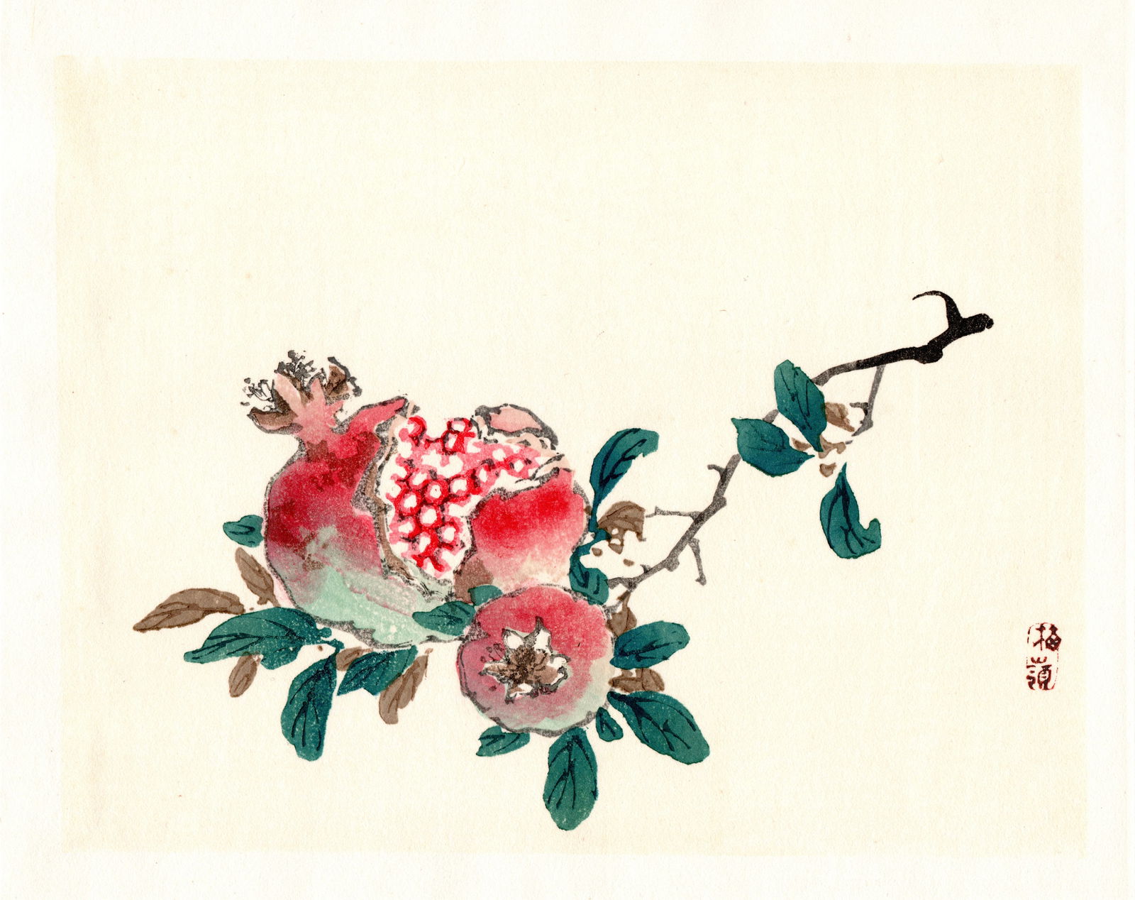 Kono Bairei : Split Pomegranate on Diagonal Branch Woodblock (1 of 1)