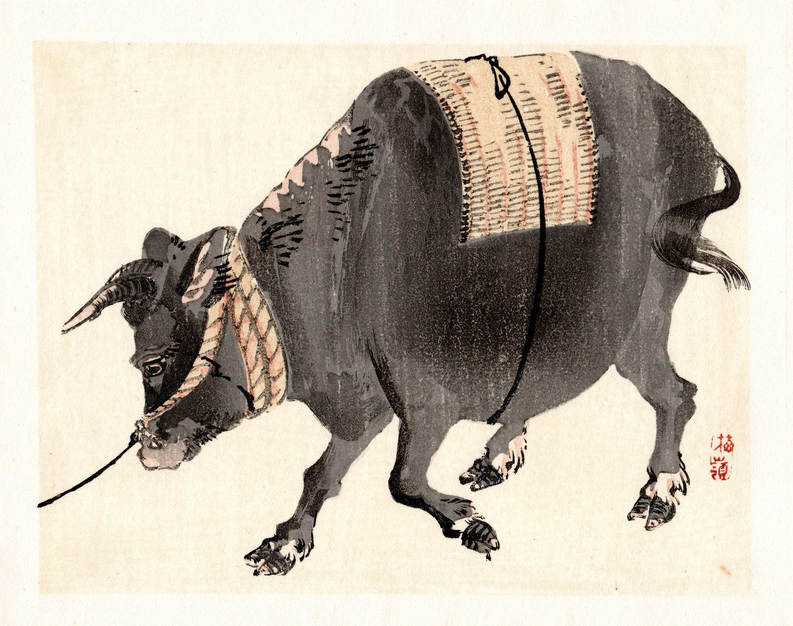 Kono Bairei : Black Ox with Woven Blanket: Artist: Kono Bairei (1884-1895). Title: "Black Ox with Woven Blanket. Format: Horizontal, unframed never mounted book plate illustration from the multi-volume Bairei Gakan series. Medium: Woodblock re