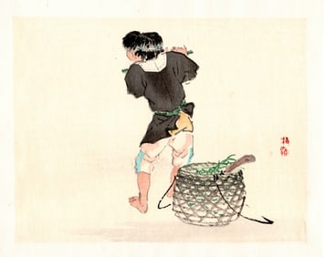 Kono Bairei : Child with Basket and Bamboo Pole Woodblock