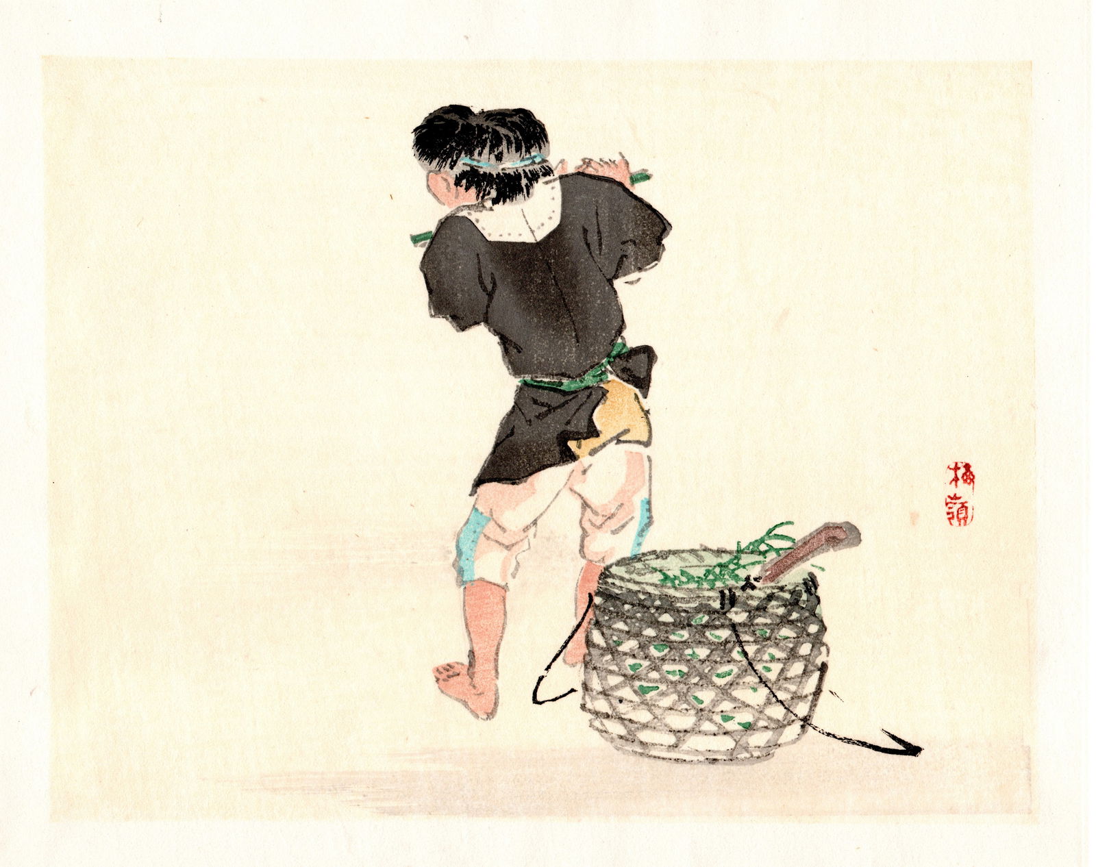 Kono Bairei : Child with Basket and Bamboo Pole Woodblock: Artist: Kono Bairei (1884-1895). Title: "Child with Basket and Bamboo Pole. Format: Horizontal, unframed never mounted book plate illustration from the multi-volume Bairei Gakan series. Medium: Woodbl