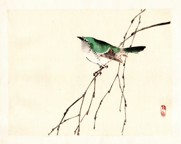 Kono Bairei : Warbler on Budding Branch Woodblock