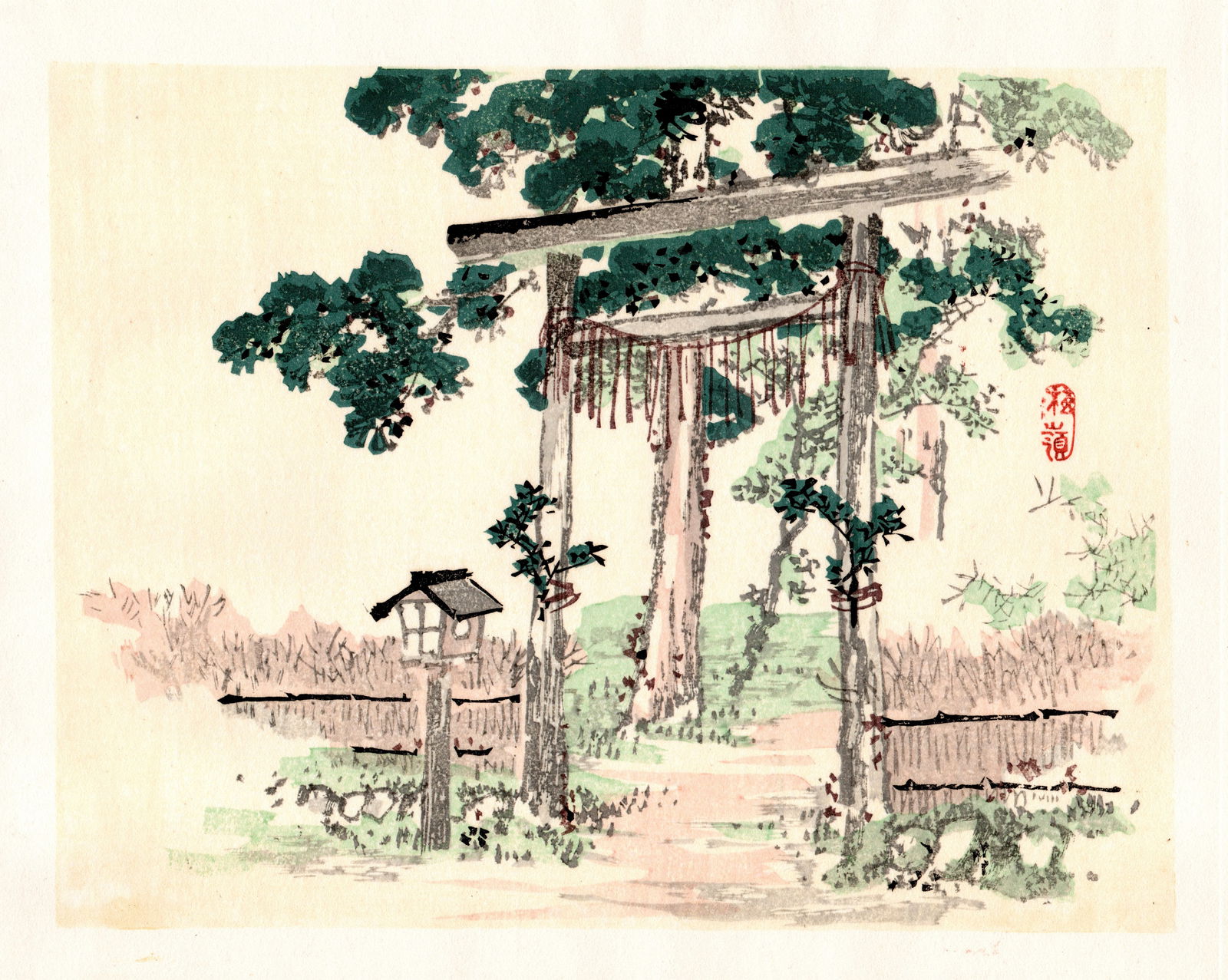 Kono Bairei : Torii Gate in Forest Light Woodblock: Artist: Kono Bairei (1884-1895). Title: "Torii Gate in Forest Light. Format: Horizontal, unframed never mounted book plate illustration from the multi-volume Bairei Gakan series. Medium: Woodblock rep