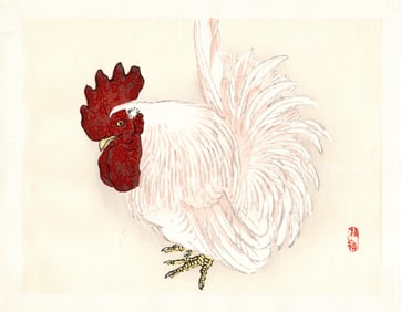 Kono Bairei : White Rooster with Crimson Crown Woodblock