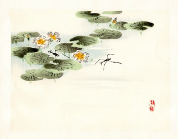 Kono Bairei : Water Lilies and Strider Woodblock