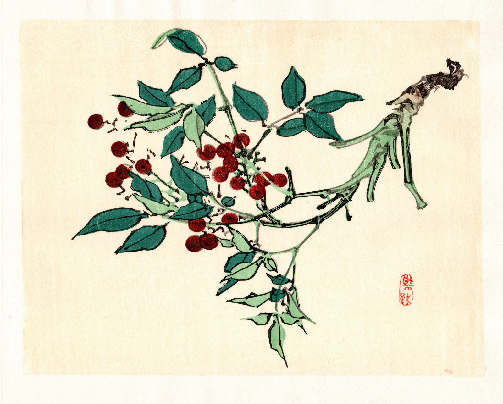 Kono Bairei : Red Berries in Autumn Light Woodblock (1 of 1)