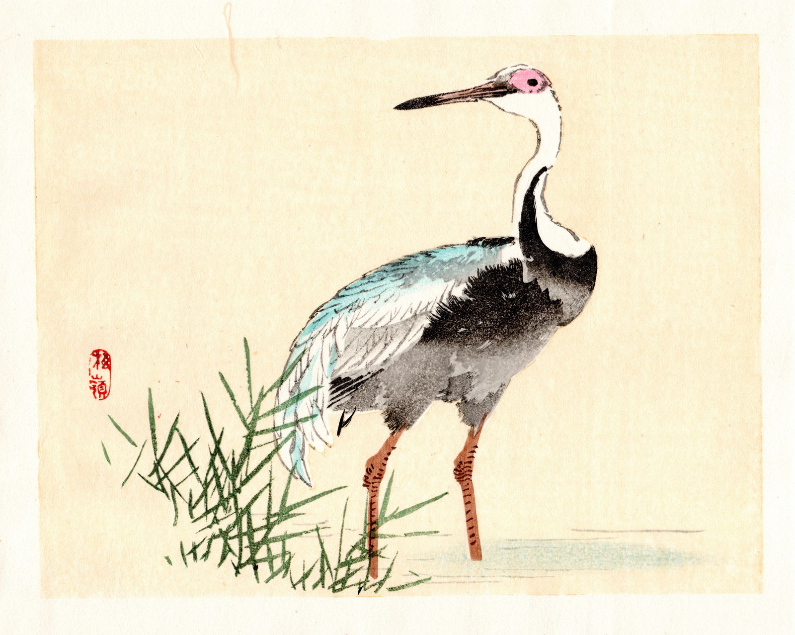 Kono Bairei :Crane in Reeds Woodblock: Artist: Kono Bairei (1884-1895). Title: "Crane in Reeds. Format: Horizontal, unframed never mounted book plate illustration from the multi-volume Bairei Gakan series. Medium: Woodblock reprint on wash