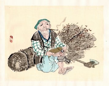 Kono Bairei : Resting Woodcutter Woodblock
