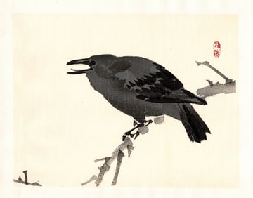 Kono Bairei : Calling Crow on Winter Branch Woodblock