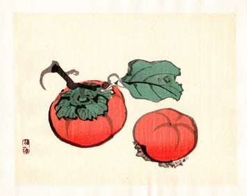 Kono Bairei : Persimmons and Leaf Woodblock