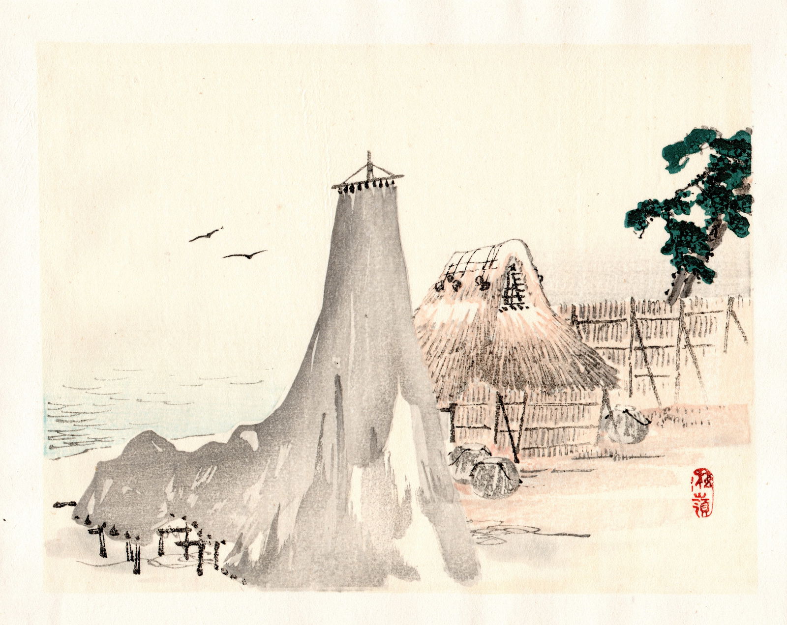 Kono Bairei : Fishing Village with Drying Net Woodblock: Artist: Kono Bairei (1884-1895). Title: "Fishing Village with Drying Net . Format: Horizontal, unframed never mounted book plate illustration from the multi-volume Bairei Gakan series. Medium: Woodblo
