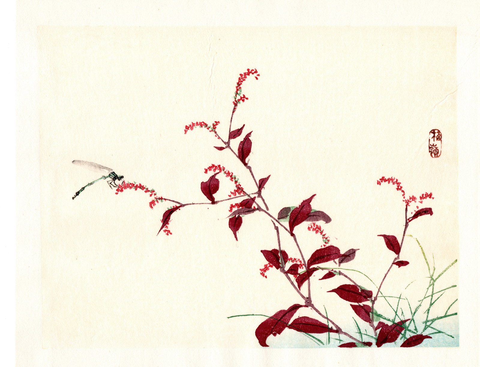 Kono Bairei :  Dragonfly on Red Blossoms Woodblock (1 of 1)