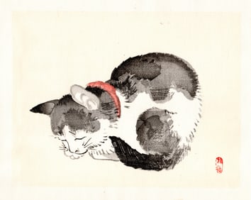 Kono Bairei : Sleeping Cat Woodblock