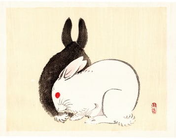 Kono Bairei : Two Rabbits Woodblock