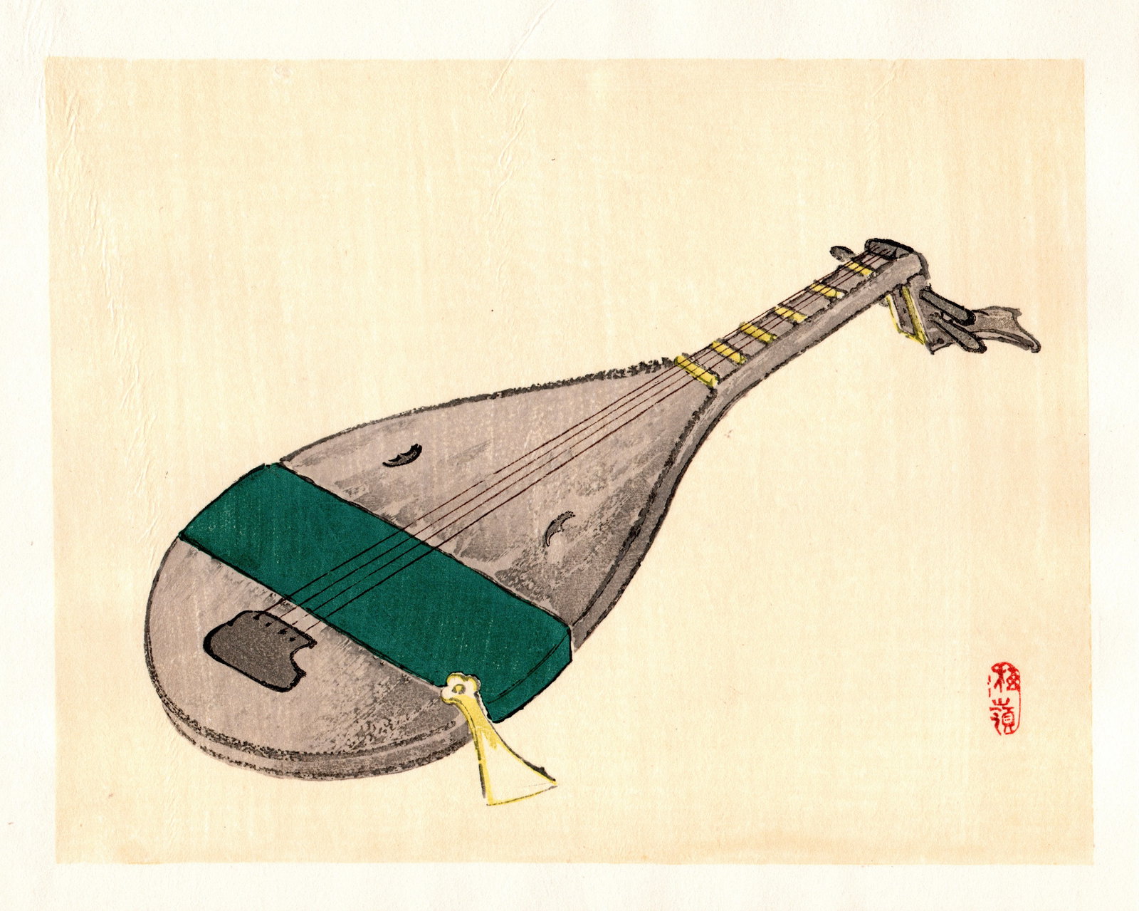 Kono Bairei : Biwa with Tassel Woodblock: Artist: Kono Bairei (1884-1895). Title: "Biwa with Tassel" Format: Horizontal, unframed never mounted book plate illustration from the multi-volume Bairei Gakan series. Medium: Woodblock reprint on wa