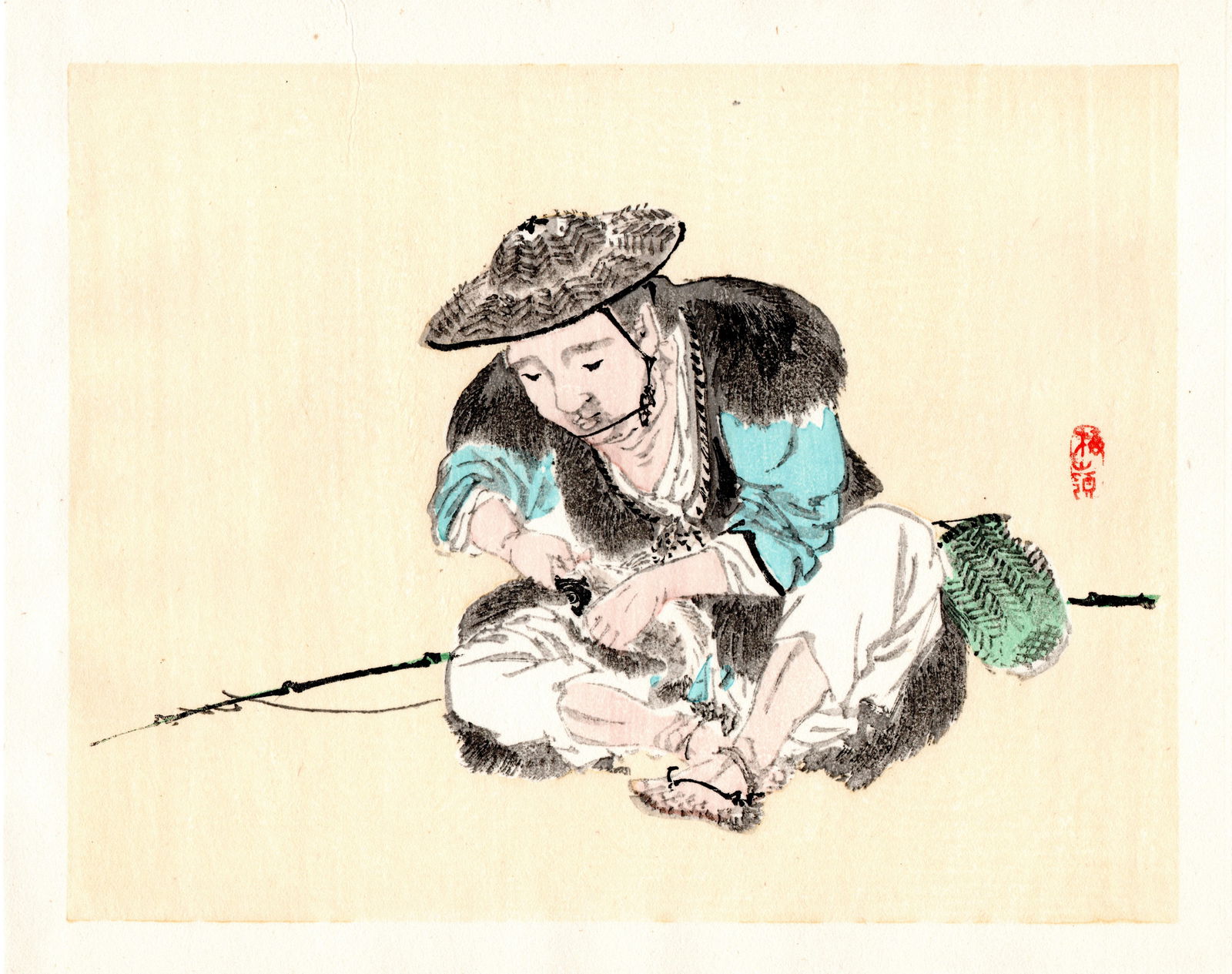 Kono Bairei : Fisherman Adjusting Line Woodblock: Artist: Kono Bairei (1884-1895). Title: "Fisherman Adjusting Line" Format: Horizontal, unframed never mounted book plate illustration from the multi-volume Bairei Gakan series. Medium: Woodblock repri