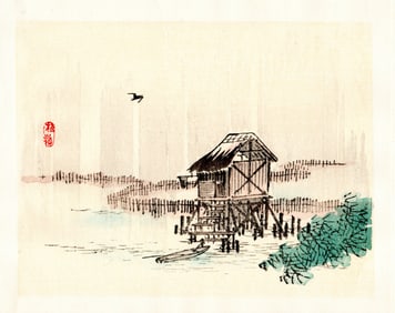 Kono Bairei : Stilt House by the Water Woodblock