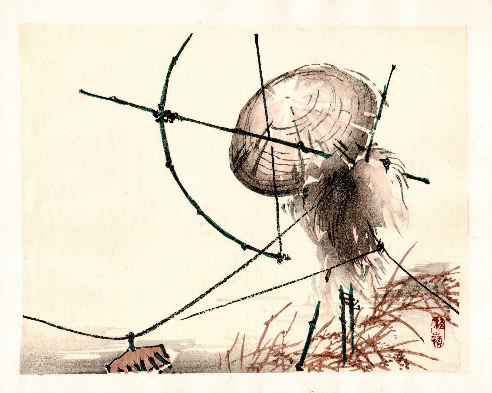 Kono Bairei : Traveler Behind Bamboo Woodblock: Artist: Kono Bairei (1884-1895). Title: "Traveler Behind Bamboo" Format: Horizontal, unframed never mounted book plate illustration from the multi-volume Bairei Gakan series. Medium: Woodblock reprint