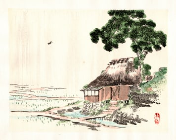 Kono Bairei : Thatched House by Rice Field Woodblock