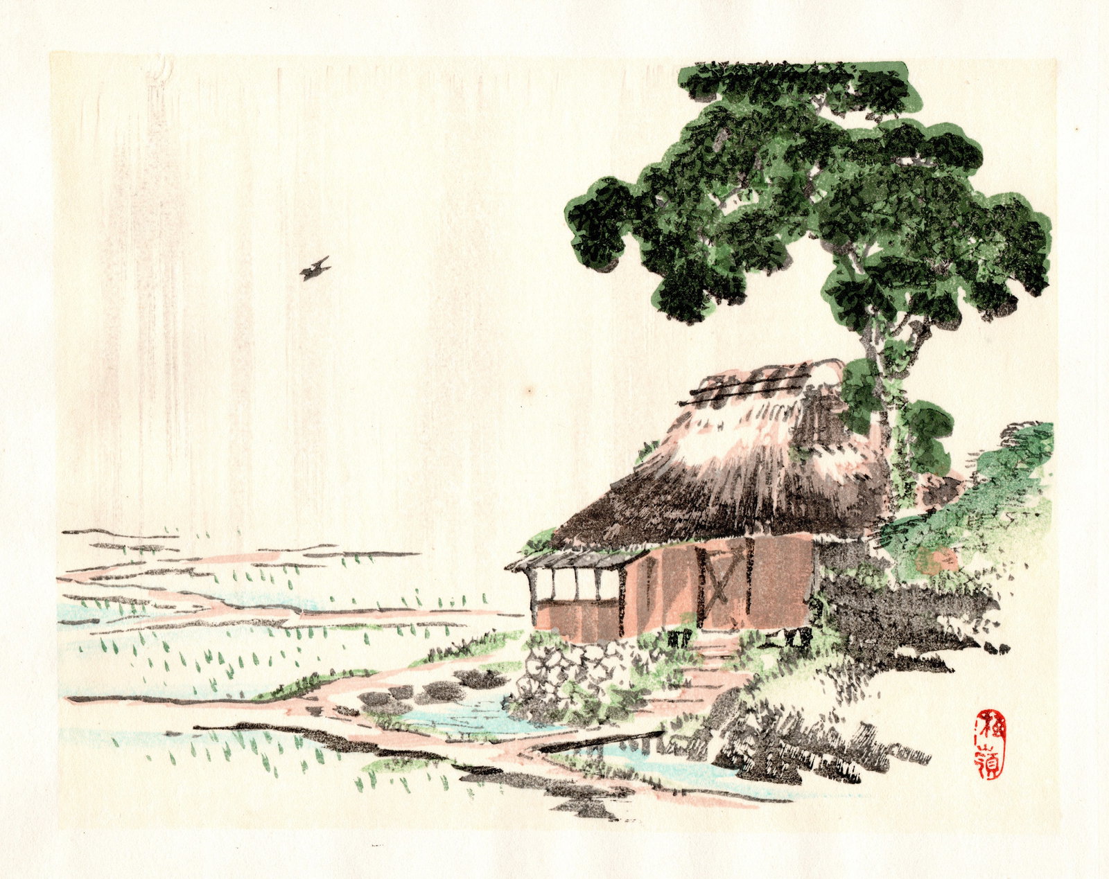 Kono Bairei : Thatched House by Rice Field Woodblock (1 of 1)