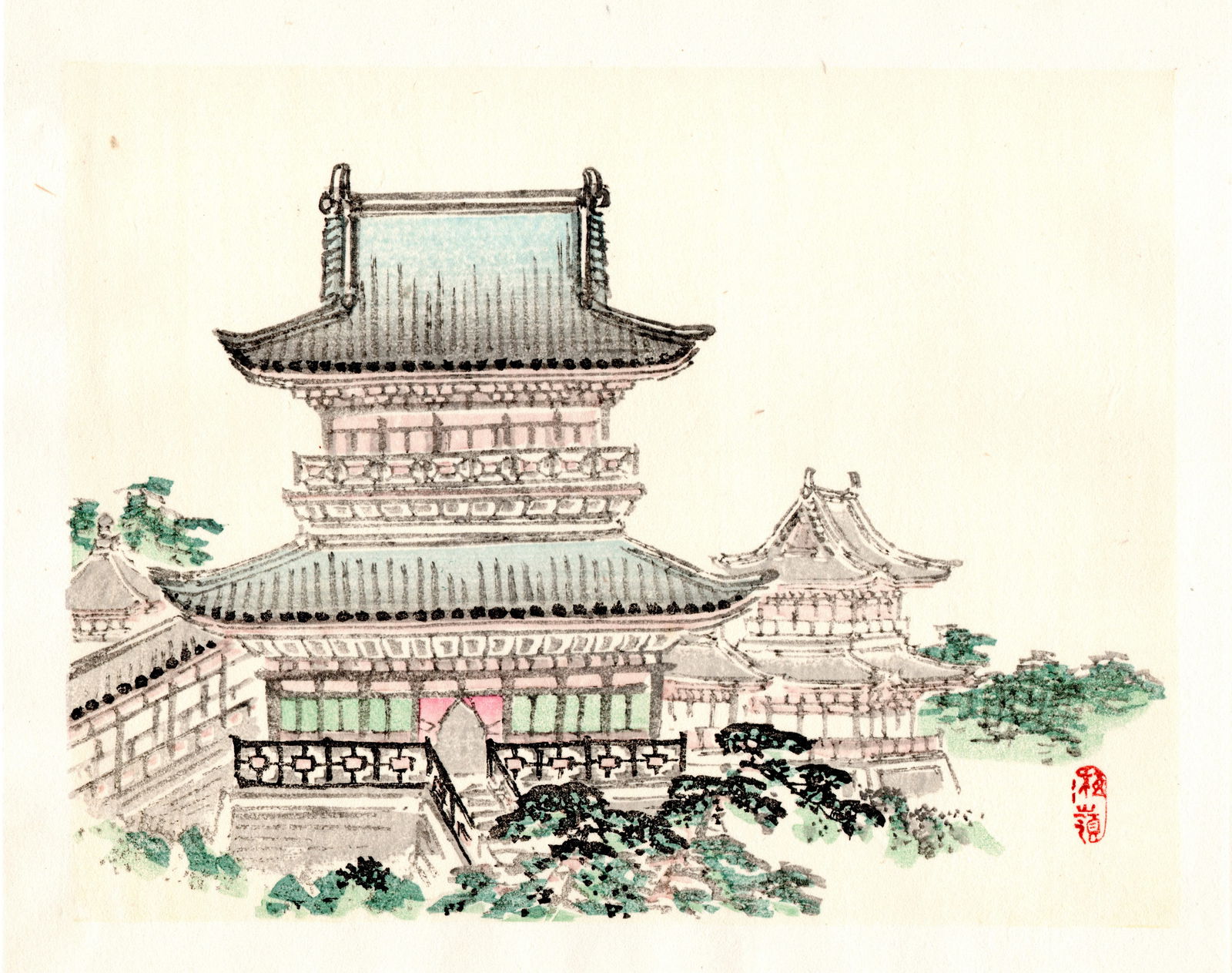 Kono Bairei : Pagoda Among Foliage Woodblock: Artist: Kono Bairei (1884-1895). Title: "Pagoda Among Foliage" Format: Horizontal, unframed never mounted book plate illustration from the multi-volume Bairei Gakan series. Medium: Woodblock reprint o